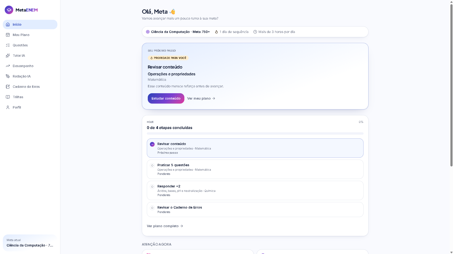 Tela inicial do MetaENEM com próximo passo e plano de estudos do dia