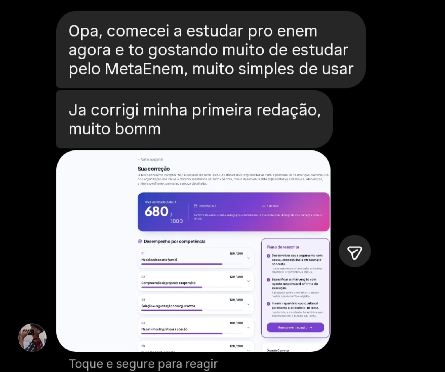 Depoimento de estudante elogiando o MetaENEM e mostrando a primeira correção de redação