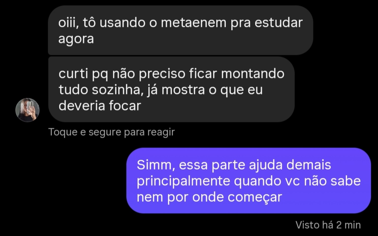 Depoimento de estudante dizendo que o MetaENEM mostra o que deve focar sem precisar montar tudo sozinho